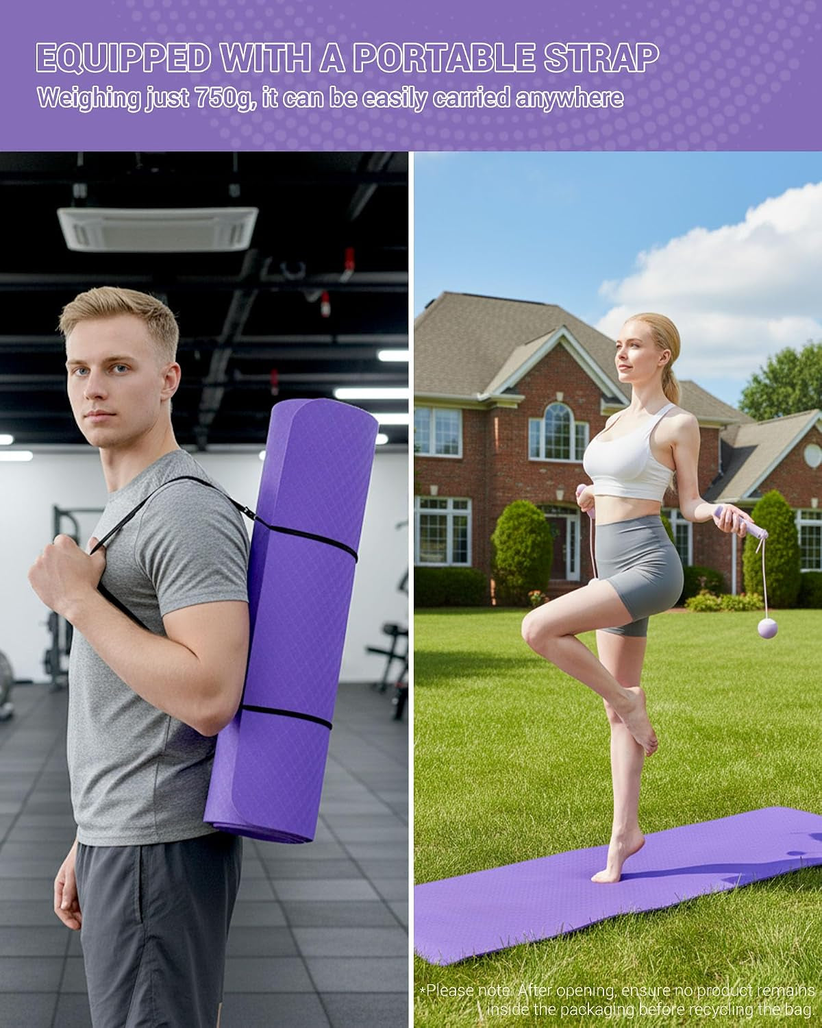 Yoga Mat TPE Exercise Mat Non-Slip 183X61X0.6Cm | Sweat Resistant Pilates Mat for Home Gym Workout, Lightweight Fitness Mat with Carry Strap for Women Men