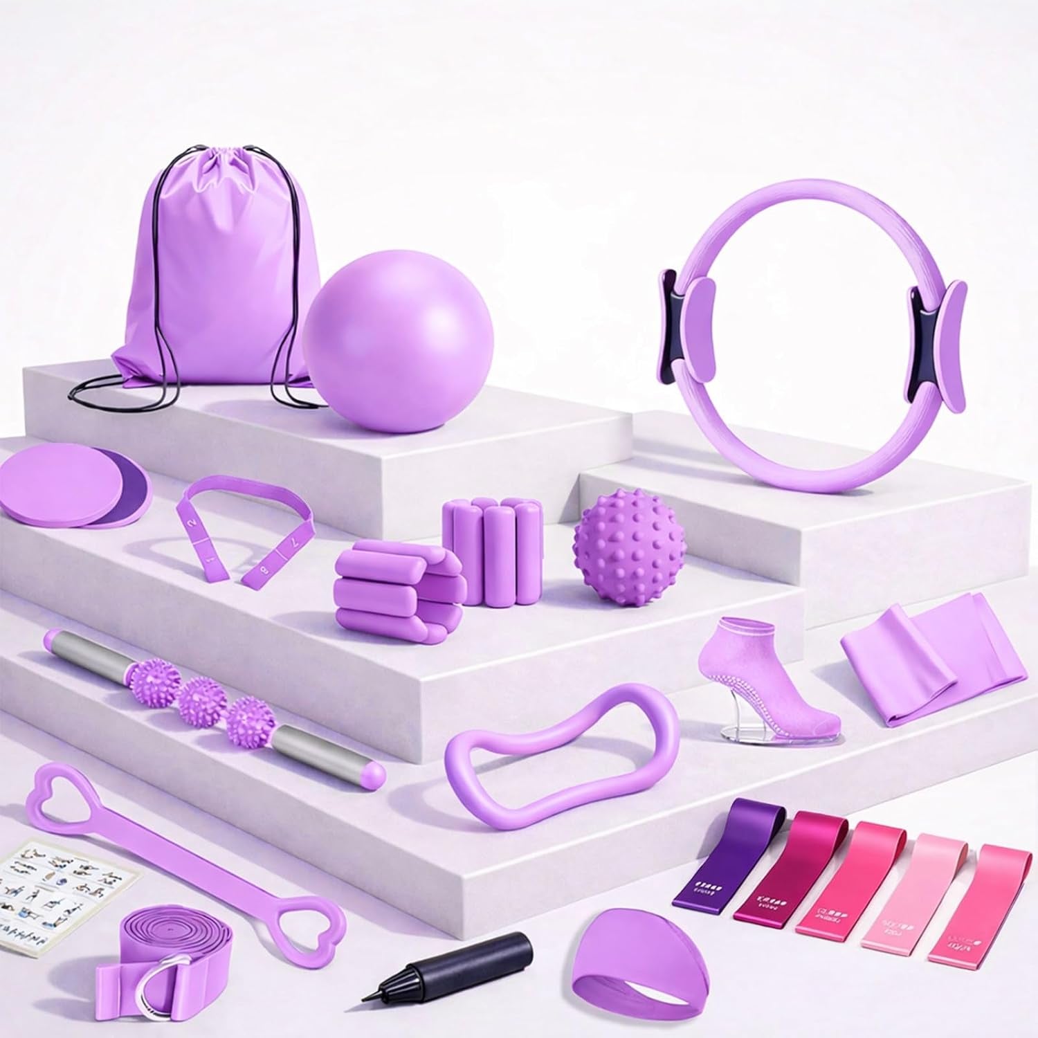Pilates Premium Full Set 23 Pcs Pilates Equipment with Wrist Weights Pilates Essential Kit Yoga Kit Pilates Ring Mini Yoga Ball Resistance Bands Core Sliders Gift for Women
