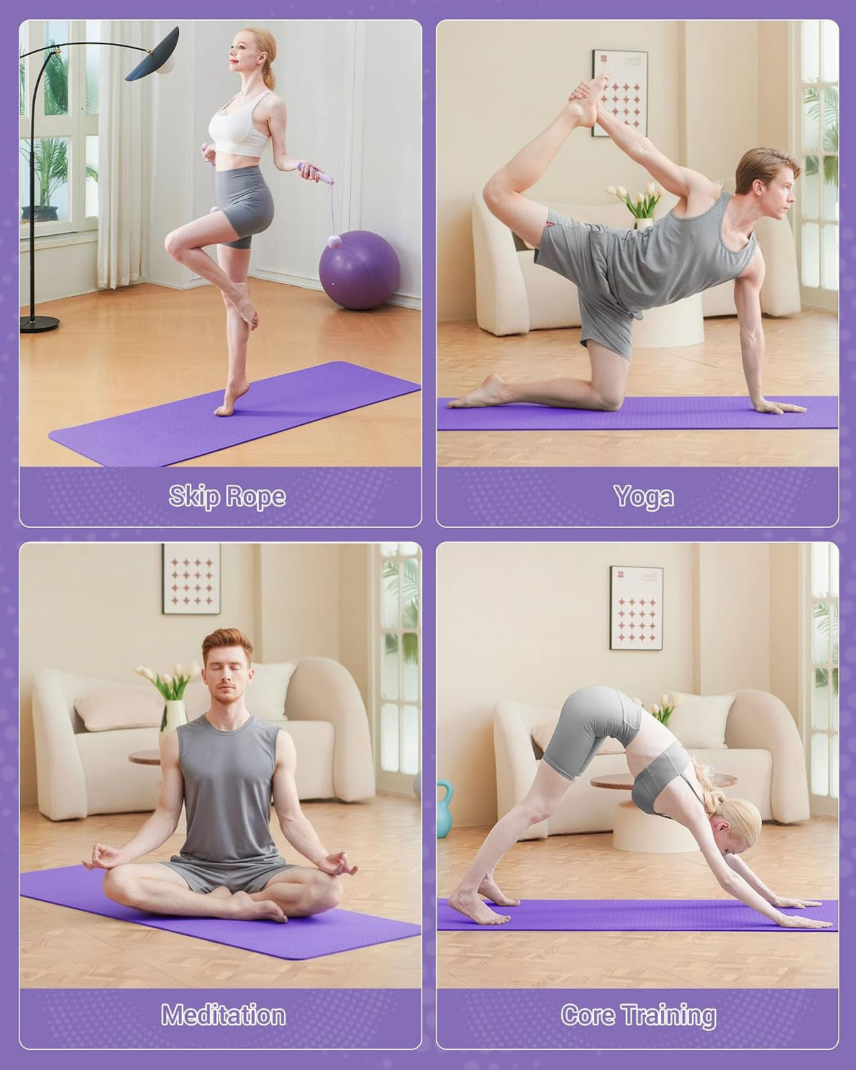 Yoga Mat TPE Exercise Mat Non-Slip 183X61X0.6Cm | Sweat Resistant Pilates Mat for Home Gym Workout, Lightweight Fitness Mat with Carry Strap for Women Men