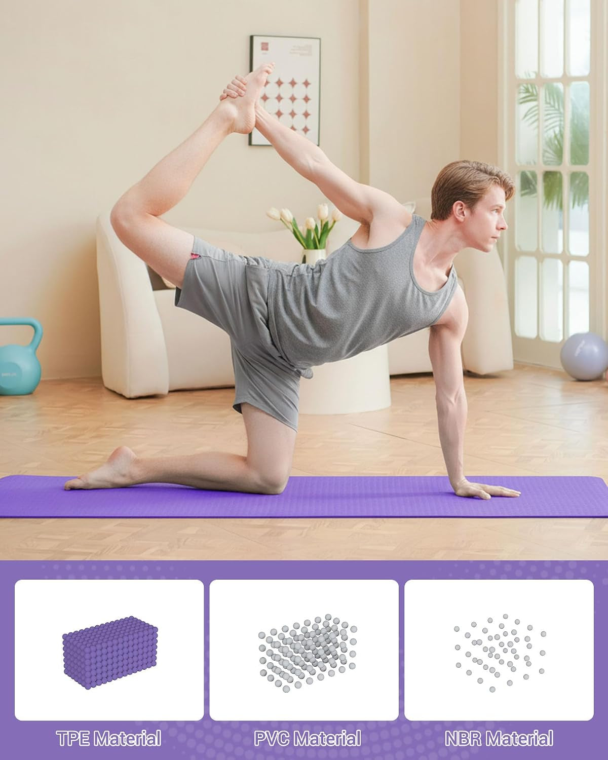 Yoga Mat TPE Exercise Mat Non-Slip 183X61X0.6Cm | Sweat Resistant Pilates Mat for Home Gym Workout, Lightweight Fitness Mat with Carry Strap for Women Men