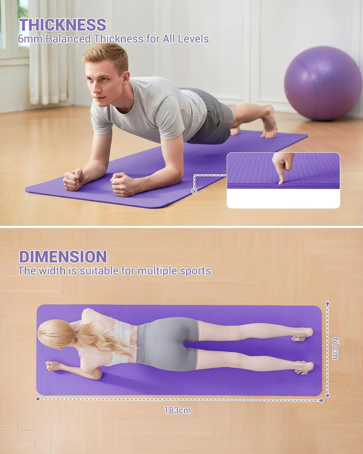 Yoga Mat TPE Exercise Mat Non-Slip 183X61X0.6Cm | Sweat Resistant Pilates Mat for Home Gym Workout, Lightweight Fitness Mat with Carry Strap for Women Men