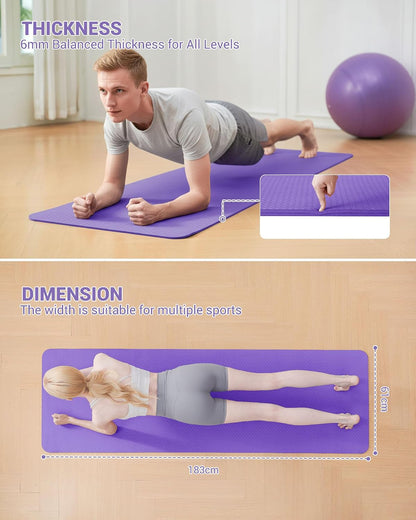 Yoga Mat TPE Exercise Mat Non-Slip 183X61X0.6Cm | Sweat Resistant Pilates Mat for Home Gym Workout, Lightweight Fitness Mat with Carry Strap for Women Men