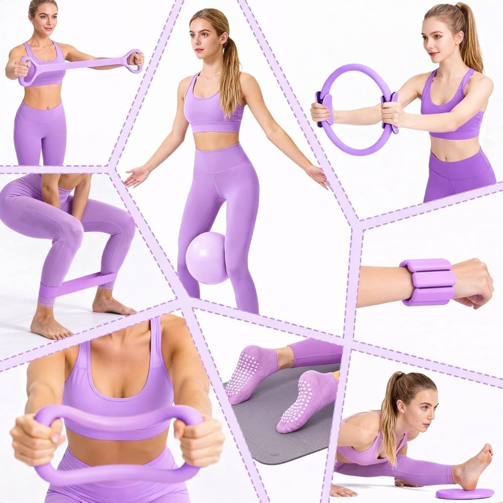 Pilates Premium Full Set 23 Pcs Pilates Equipment with Wrist Weights Pilates Essential Kit Yoga Kit Pilates Ring Mini Yoga Ball Resistance Bands Core Sliders Gift for Women